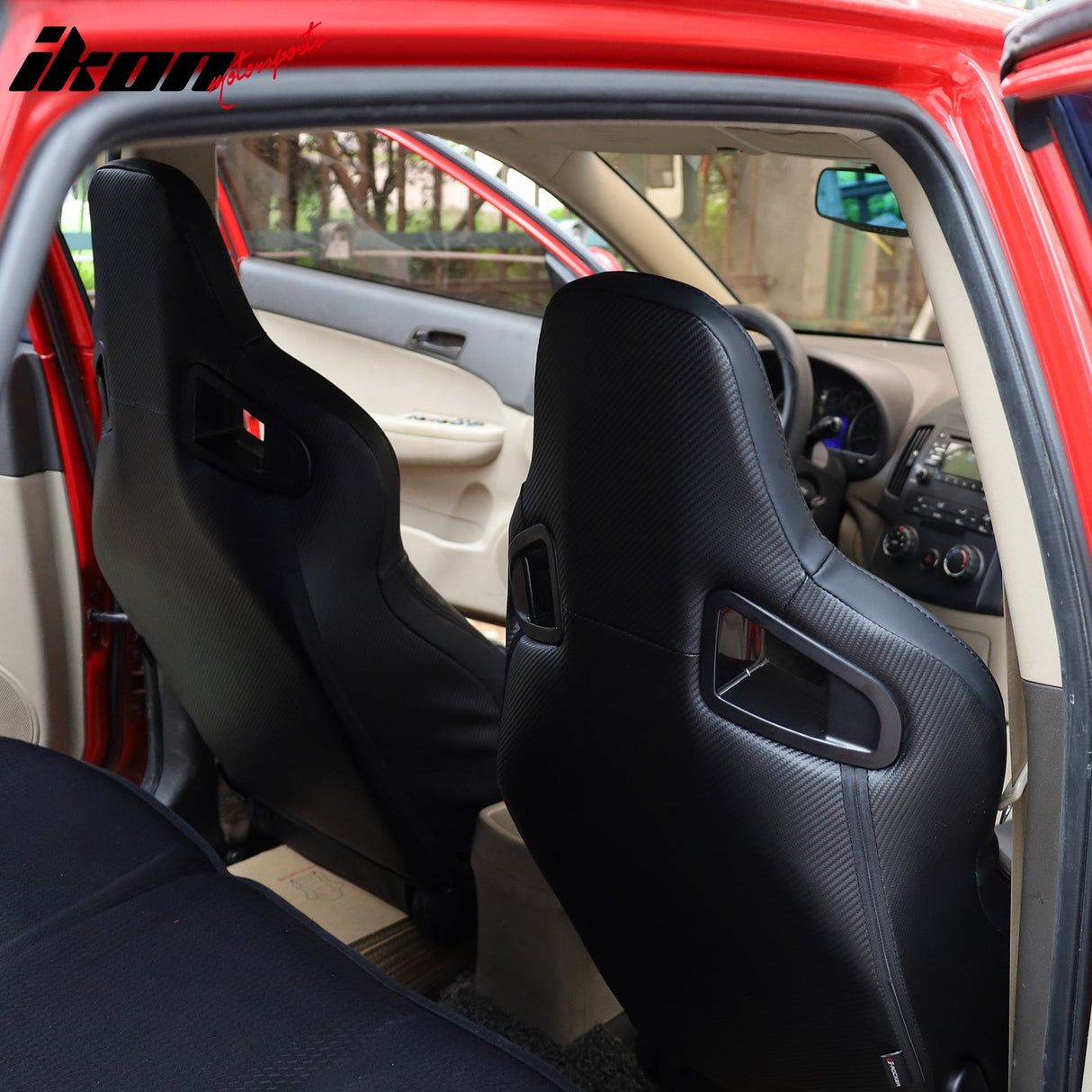 Universal 2x Reclinable Racing Seats Dual Slider Suede PU Carbon Leath