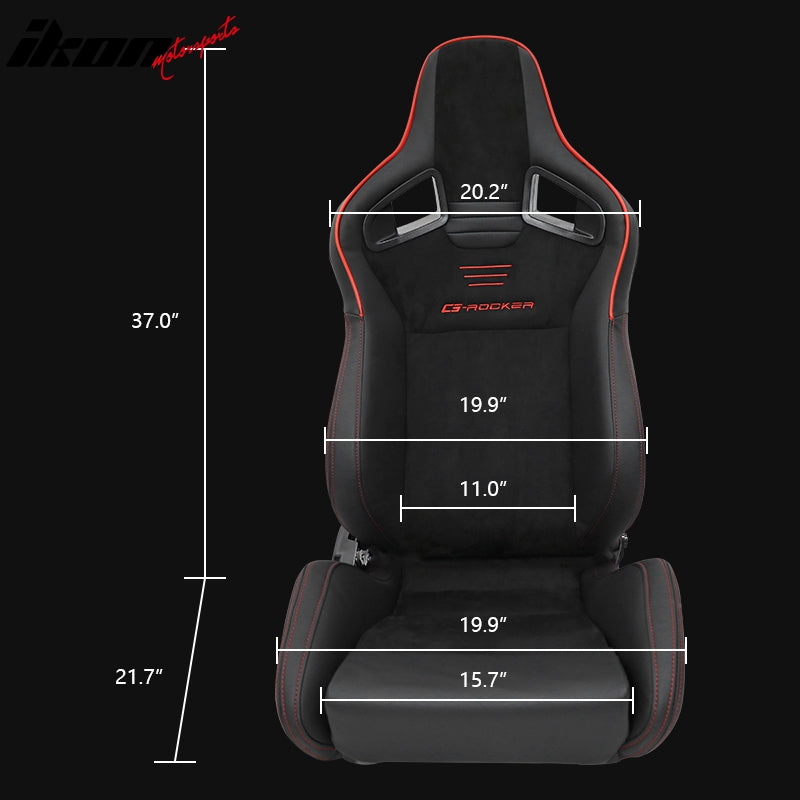 Universal 2x Reclinable Racing Seats Dual Slider Suede PU Carbon Leath