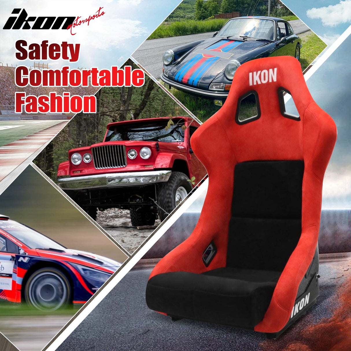 Universal Racing Bucket Seats Slider Suede Left+ Right Black Red