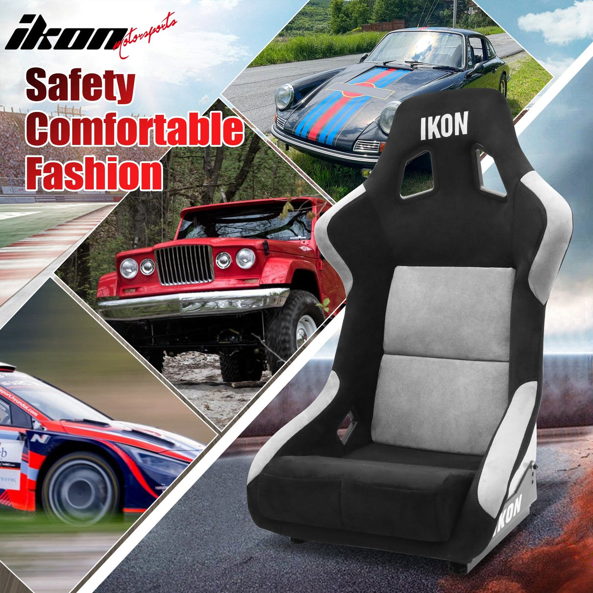 Universal Racing Bucket Seats Slider Suede Left+ Right Silver Black