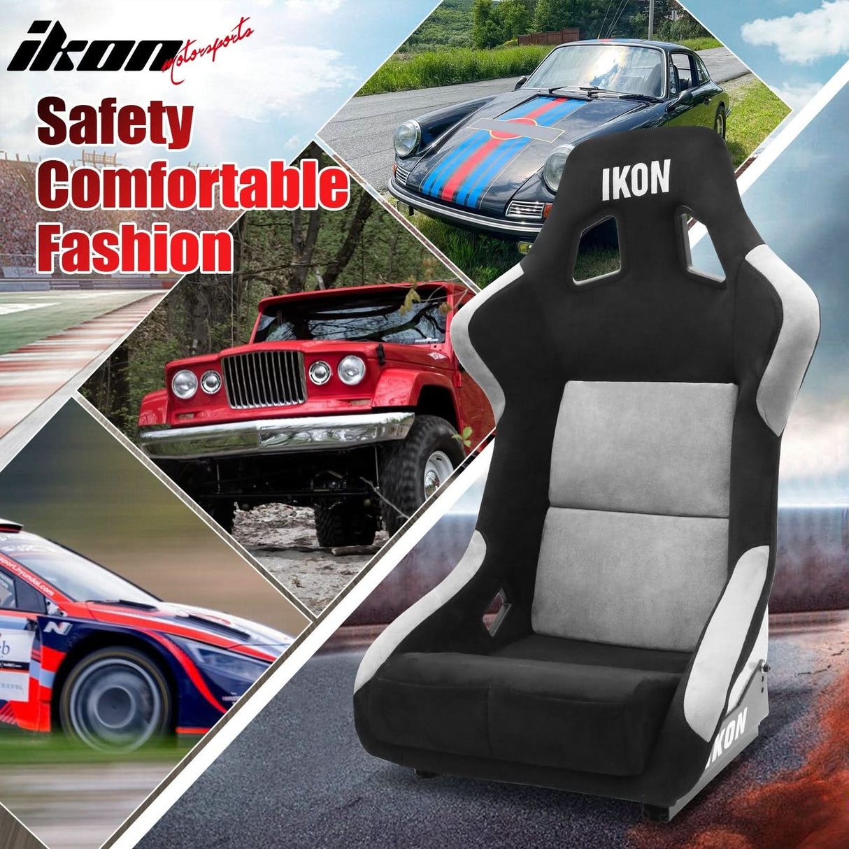 Universal Racing Bucket Seats Slider Suede Left+ Right Silver Black