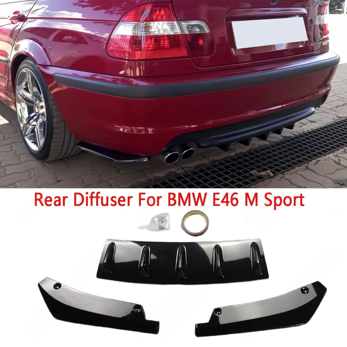 BMW E46 M-Sport Rear Bumper Diffuser & Side Splitter Set – Gloss Black ABS (1999–2005)