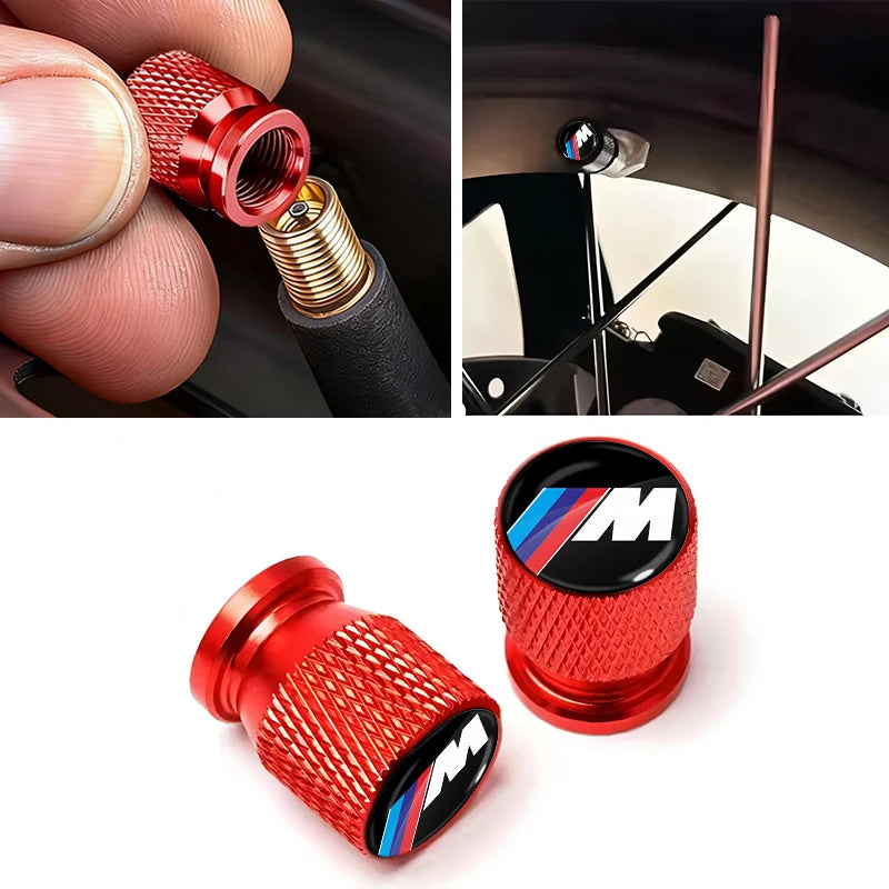 BMW Anodized Aluminum Tire Valve Stem Caps 4-Piece Set with Rubber O-Ring Seals (Universal Fit / E34 / E36 / E39 / E46 / E60 / E70 / E90 / F10 / F20 / F30 / X1 / X5 / X6 / M3 / M5 / M6)