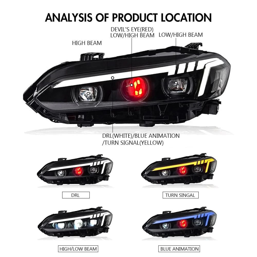Honda Civic LED Projector Headlights with Devil Eyes DRL – Front Headlight Assembly (2022)