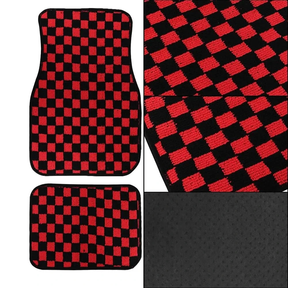 Universal Racing Checkered Plush Floor Mats – All-Weather Non-Slip Interior Carpet Set (4-Piece)
