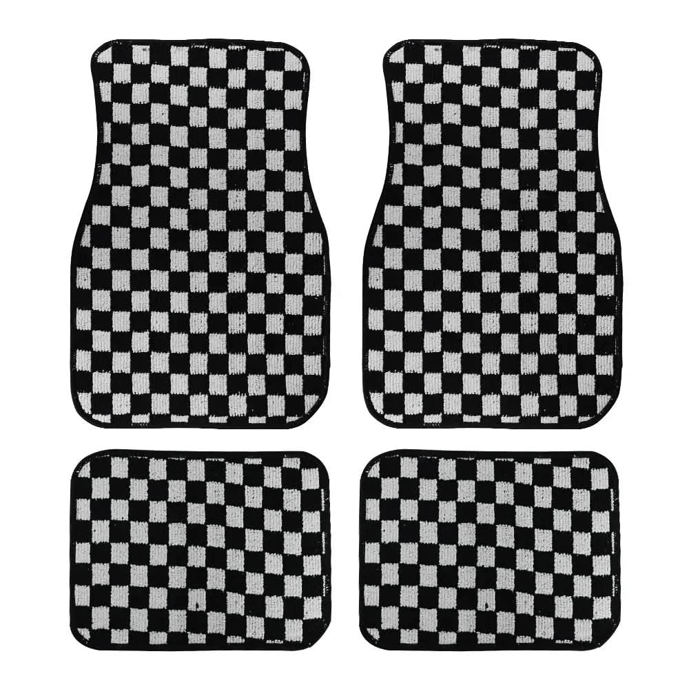 Universal Racing Checkered Plush Floor Mats – All-Weather Non-Slip Interior Carpet Set (4-Piece)