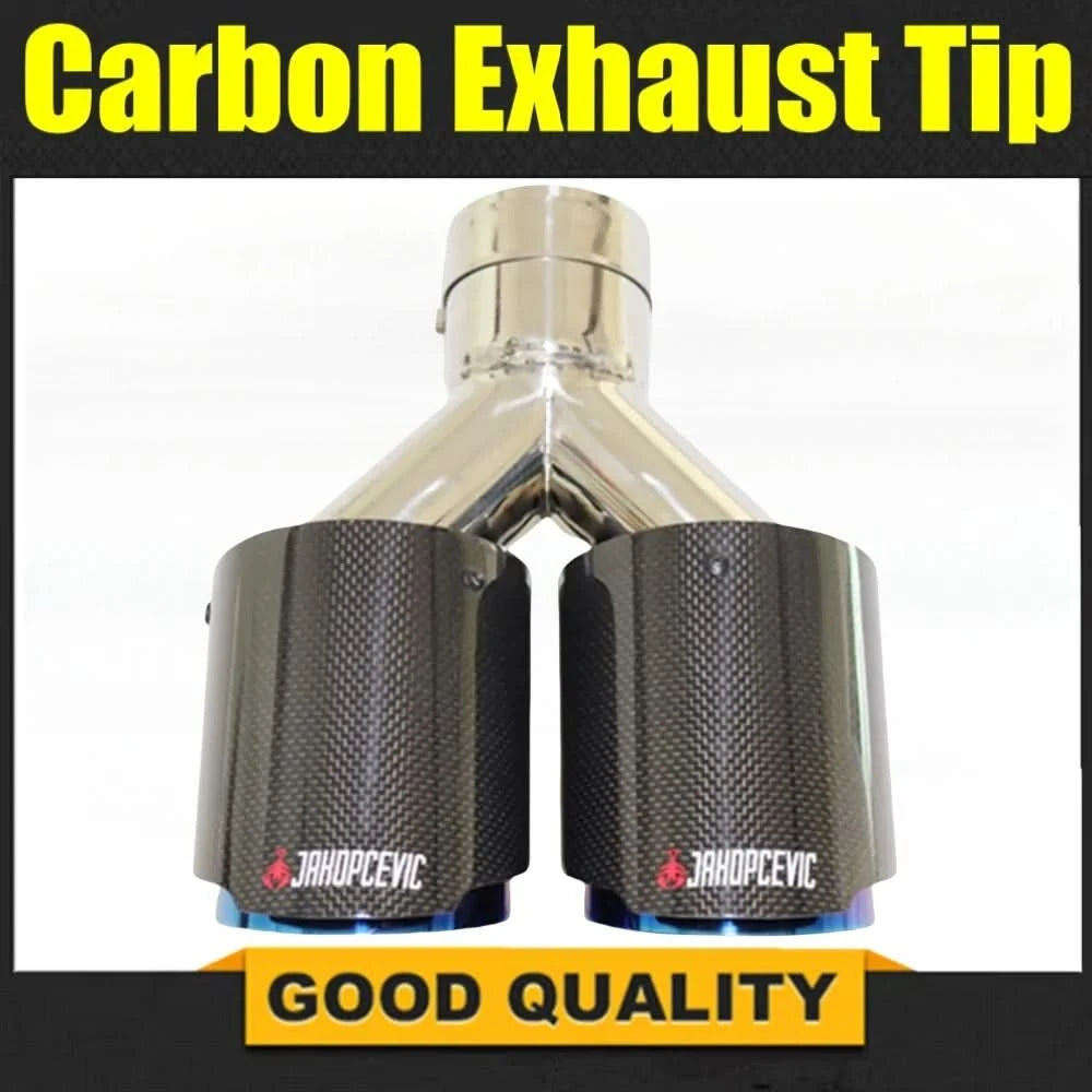 Universal Dual Exit Carbon Fiber Exhaust Tip – Blue Stainless Steel Y-Pipe Performance Muffler (Single Piece)