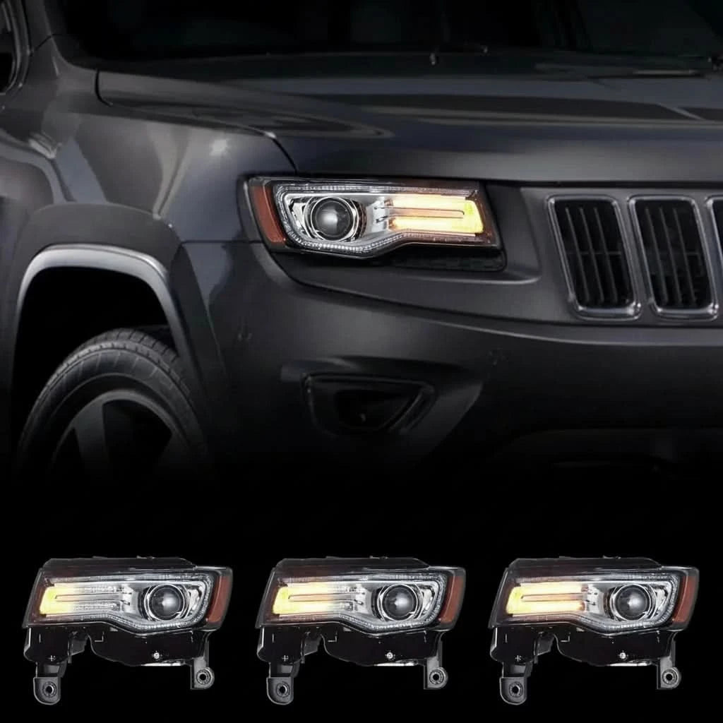 LED Headlight Assembly for Jeep Grand Cherokee WK2 (2014–2021) – Chrome Housing, Dynamic Turn Signals & Start-Up Animation