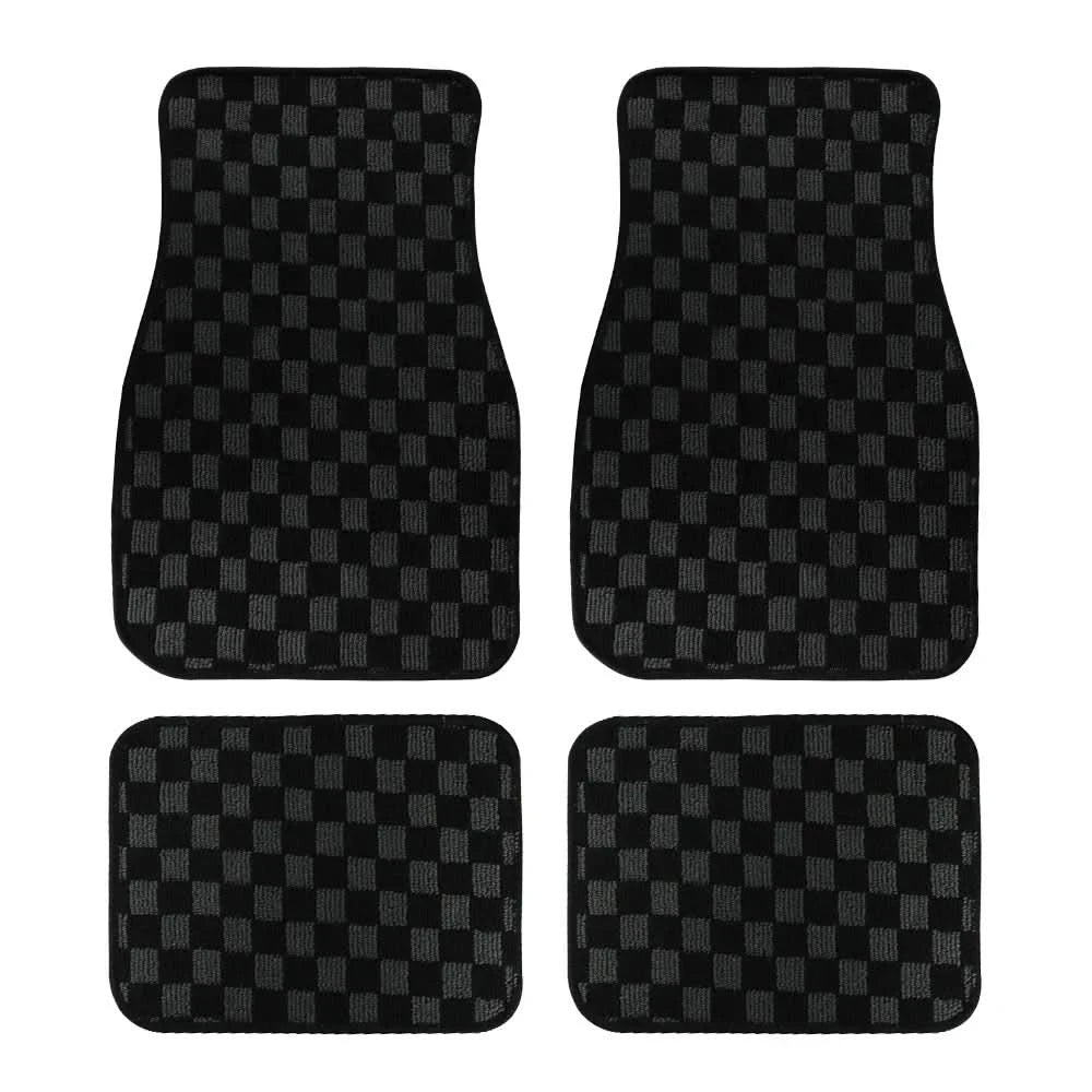 Universal Racing Checkered Plush Floor Mats – All-Weather Non-Slip Interior Carpet Set (4-Piece)