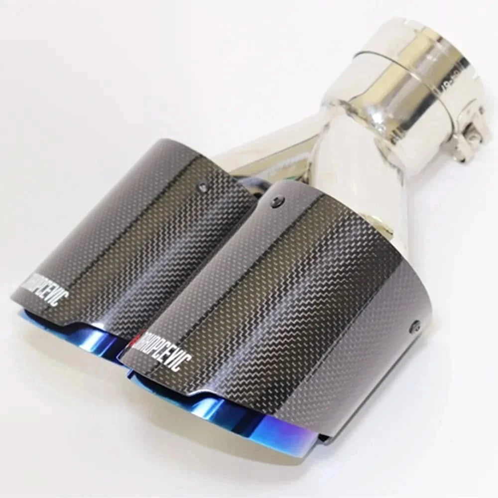 Universal Dual Exit Carbon Fiber Exhaust Tip – Blue Stainless Steel Y-Pipe Performance Muffler (Single Piece)