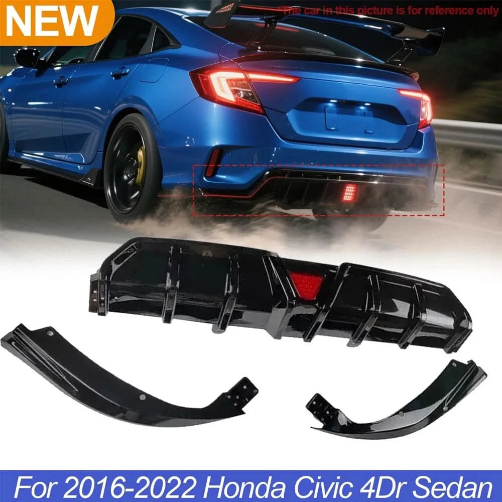 Honda Civic Rear Bumper Diffuser & Splitter Kit with LED Accent – Gloss Black (2016–2022 Sedan)