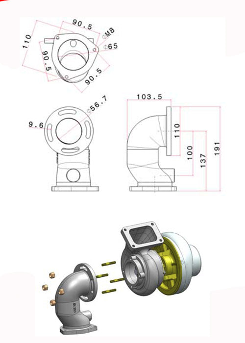 Cast iron turbocharger downpipe 90° 2 1/2" T3 4 bolts