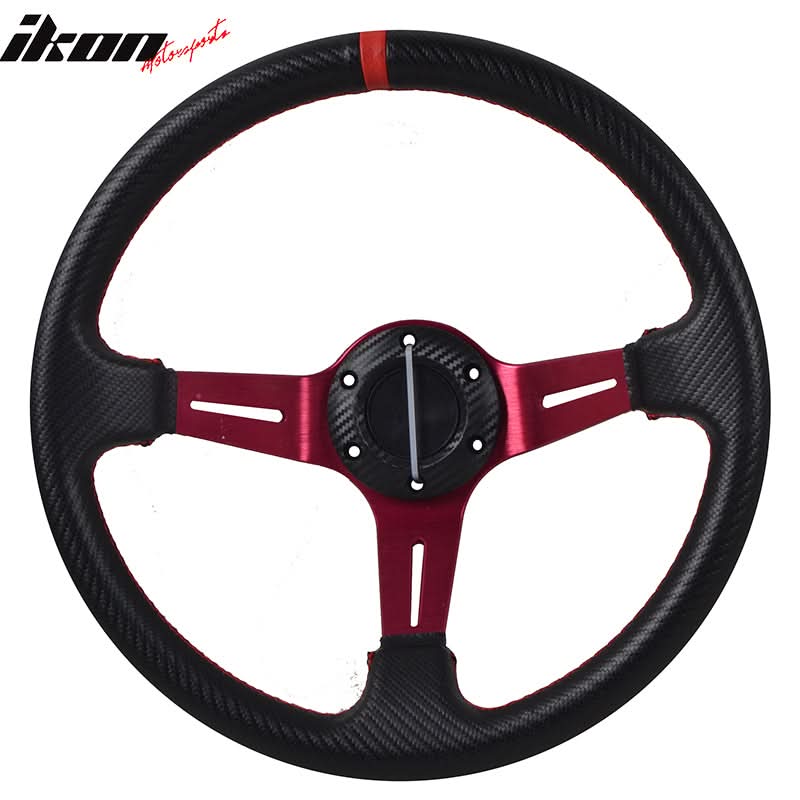 Universal 350MMÂ 6 Hole Deep Dish Steering Wheel Red Spoke Horn PVC