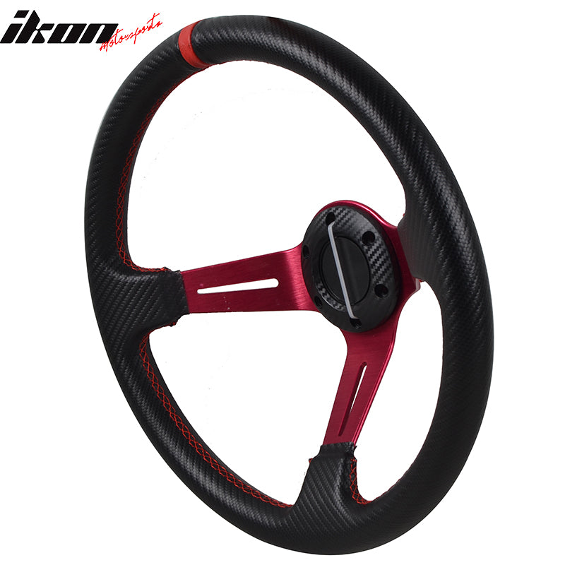 Universal 350MM 6 Hole Deep Dish Steering Wheel Red Spoke Horn PVC
