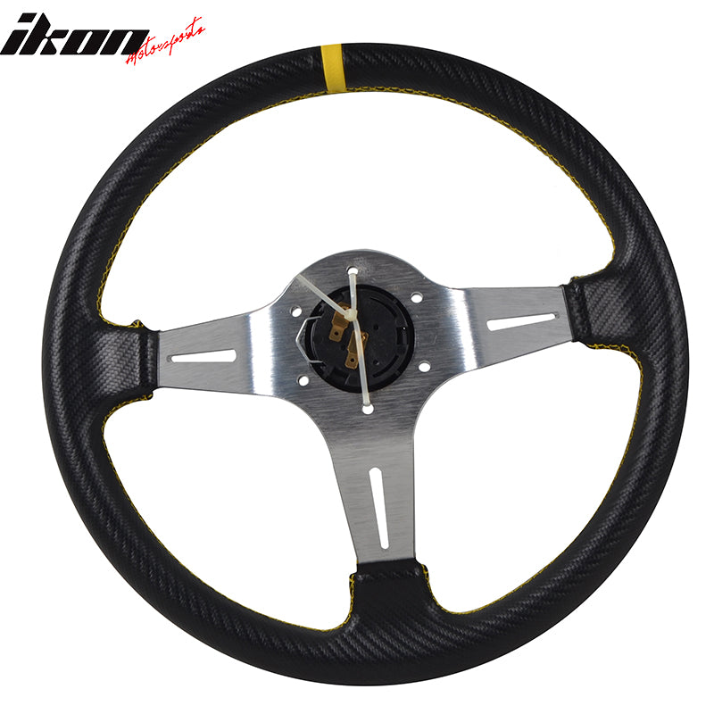 Universal 350MM Steering Wheel 6 Hole Silver Spoke Yellow Black Emblem