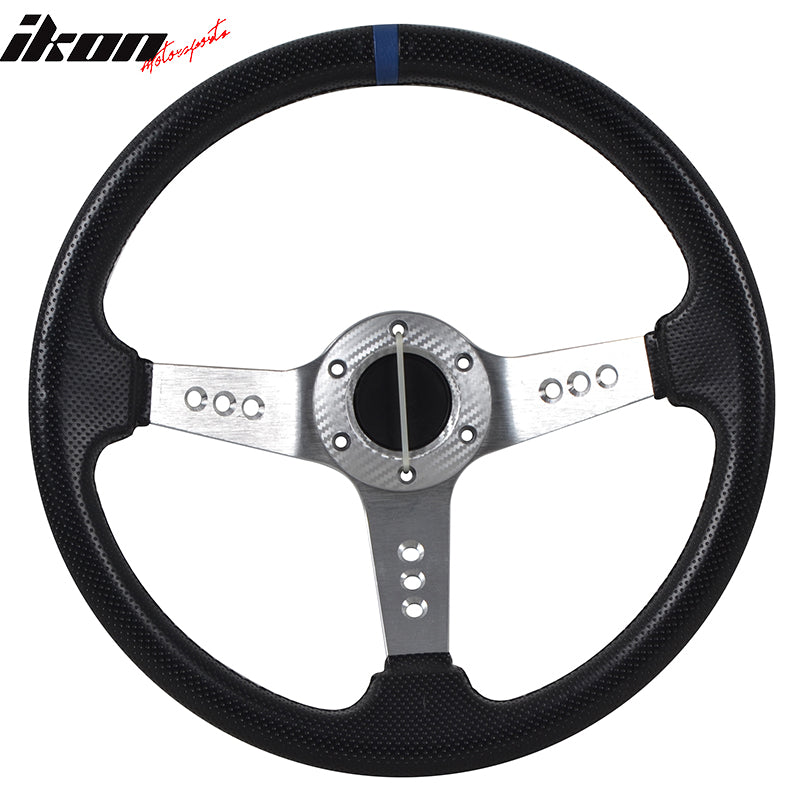 350MM 6 Hole Steering Wheel Deep Dish Silver Spoke Horn & Emblem PVC