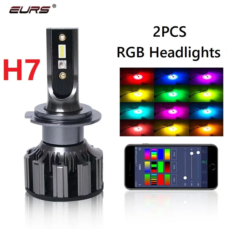 RGB LED Headlight Bulb Kit with App Control – Multi-Fit H1 H4 H7 H11 9005 9006 D2S D3S (Pair)