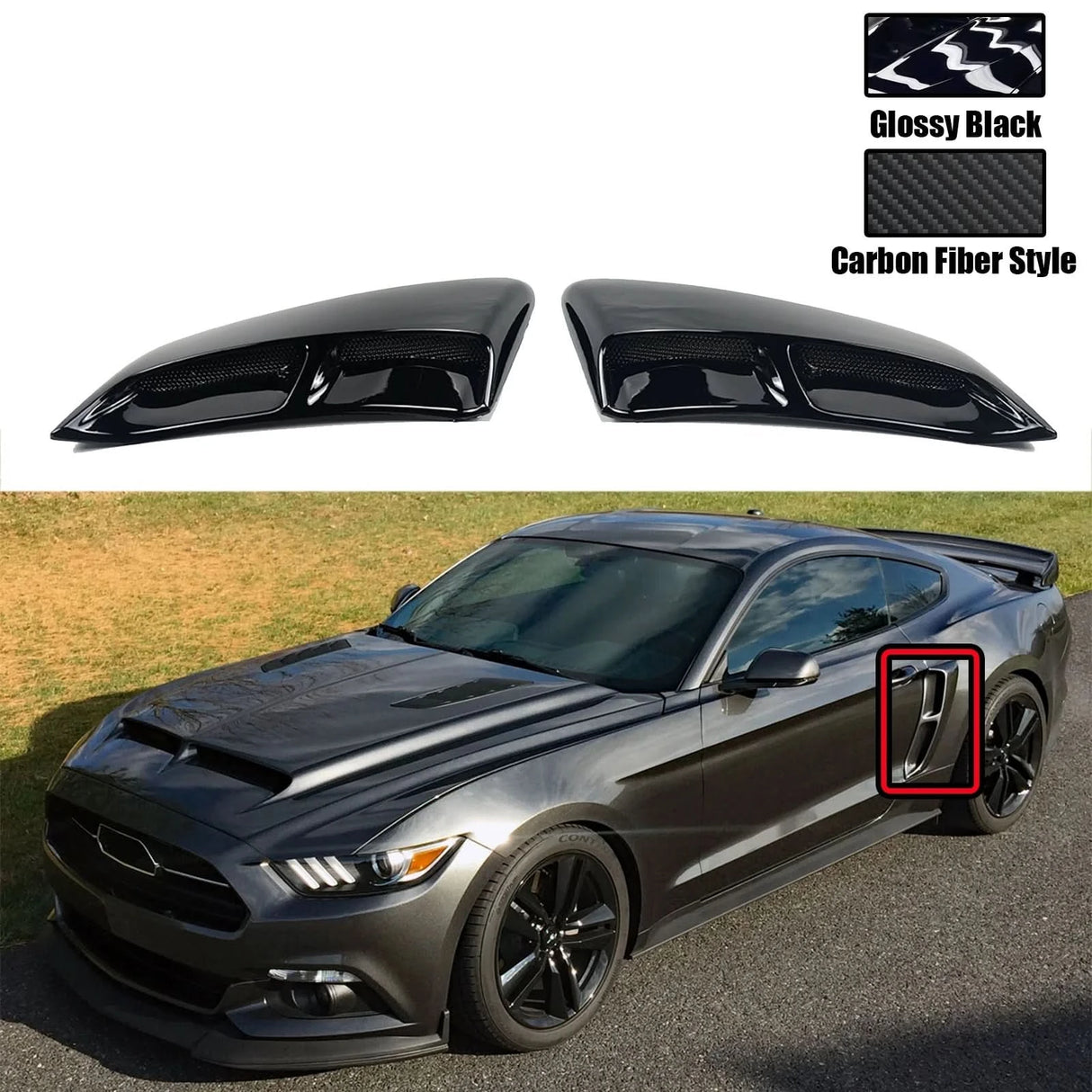 Ford Mustang Rear Fender Side Scoop Air Vents – Gloss Black / Carbon Fiber Style (2016–2023)