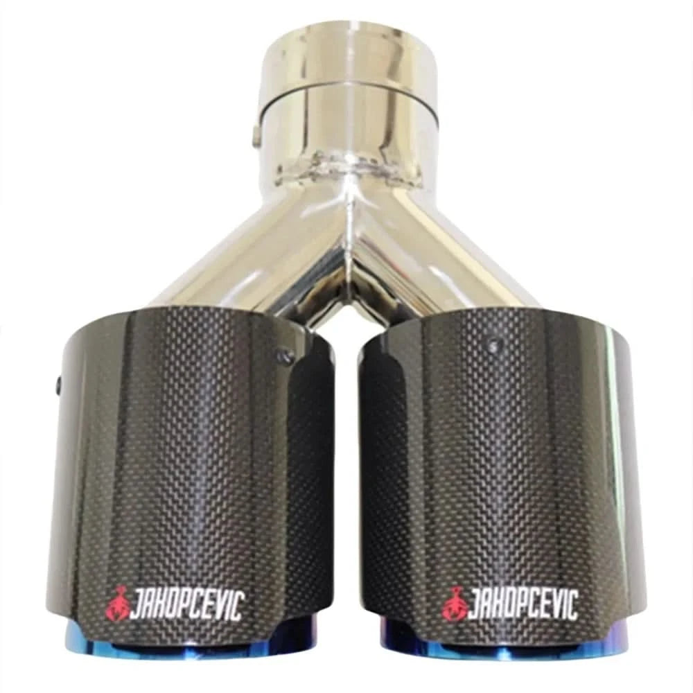 Universal Dual Exit Carbon Fiber Exhaust Tip – Blue Stainless Steel Y-Pipe Performance Muffler (Single Piece)
