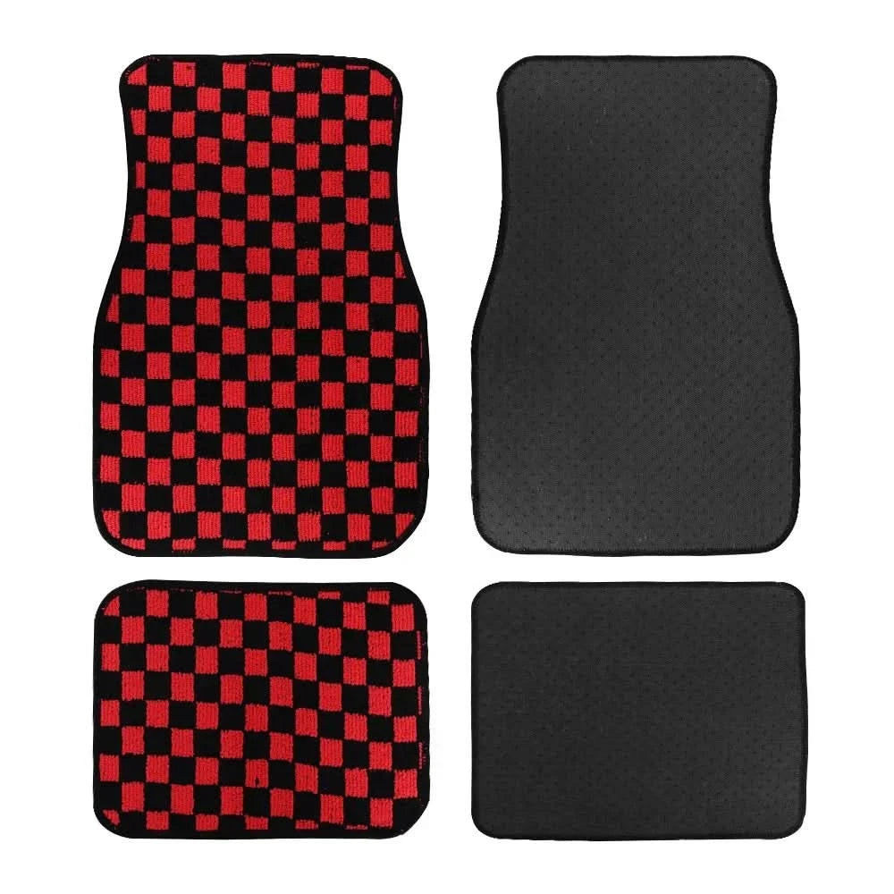 Universal Racing Checkered Plush Floor Mats – All-Weather Non-Slip Interior Carpet Set (4-Piece)