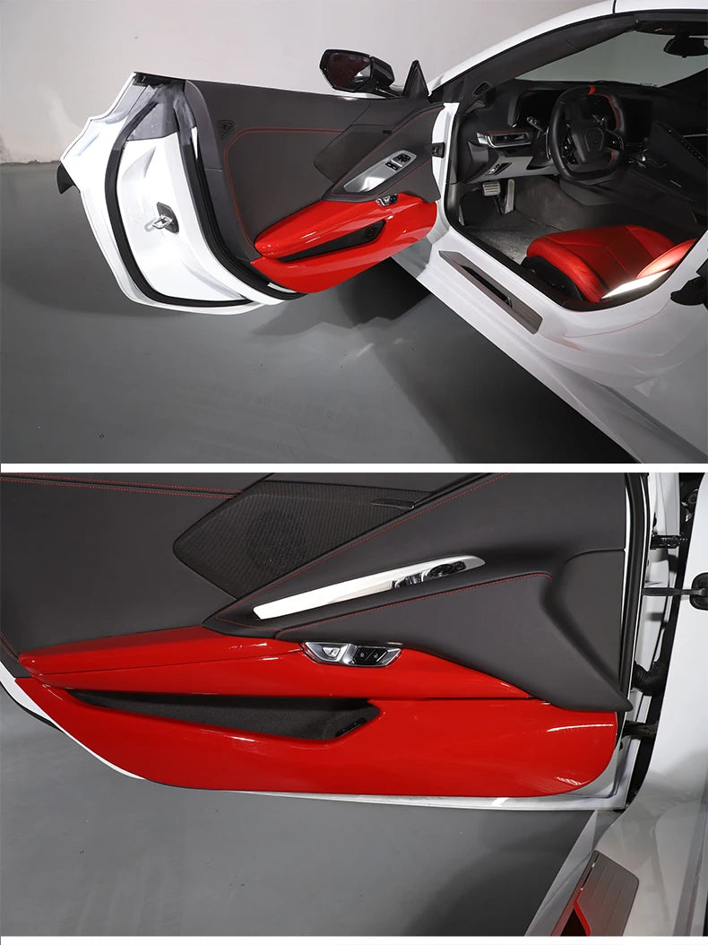 Corvette C8 Interior Door Anti-Kick Panel Covers (2020–2023) – Carbon Fiber/Red