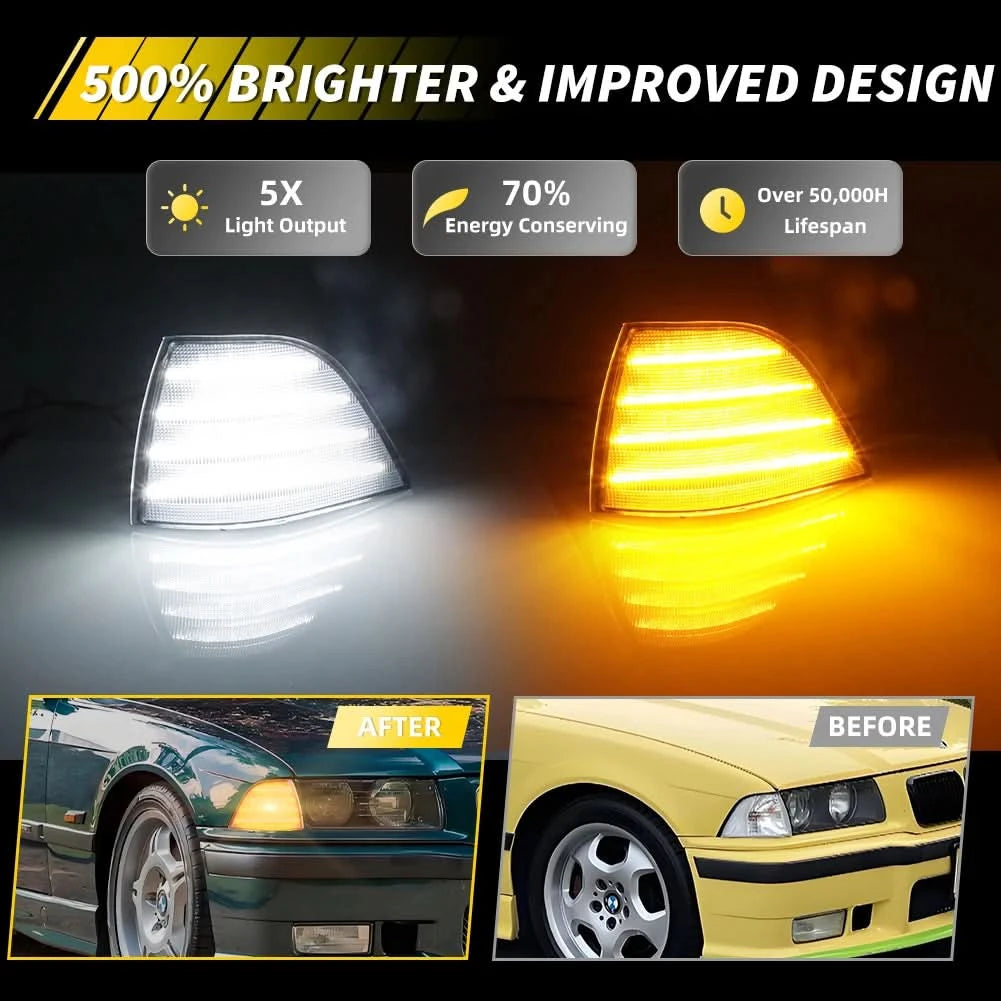 BMW E36 Coupe LED Front Corner Turn Signal Lights – Sequential Amber / White DRL (1992–1999, Pair)