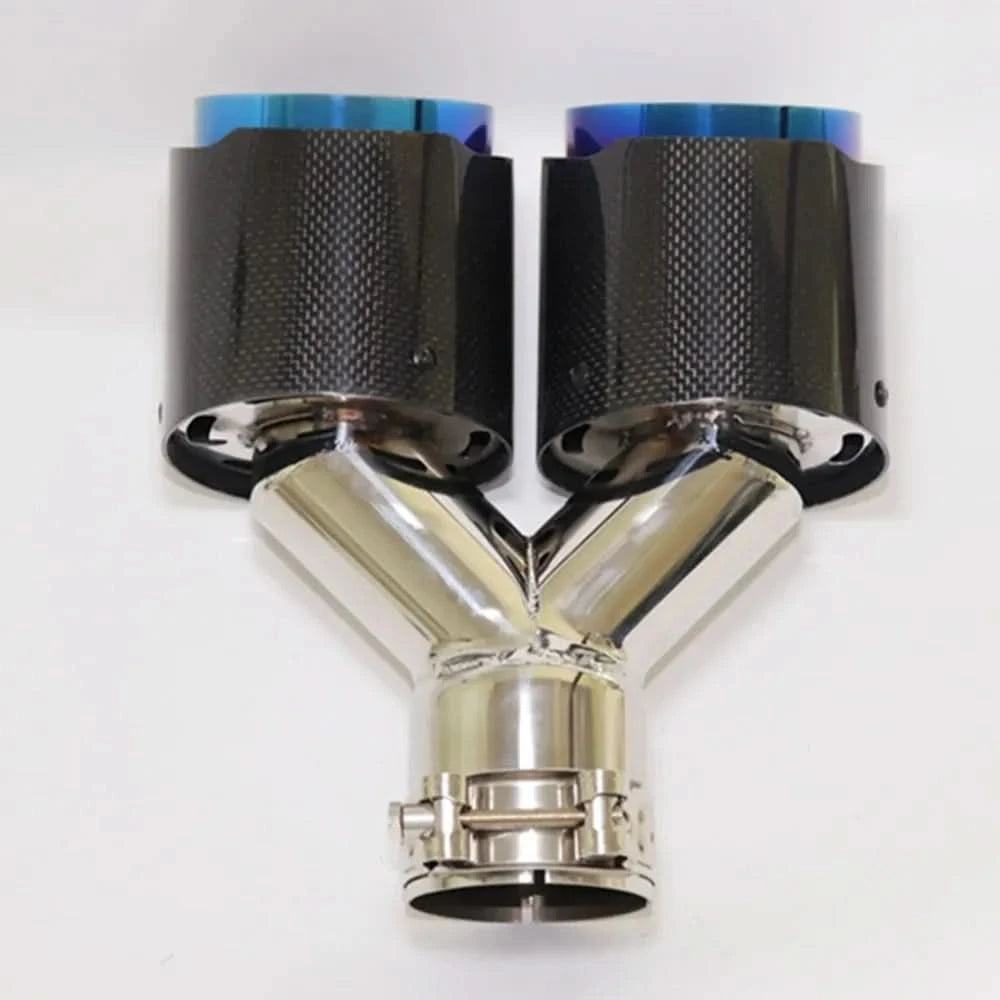 Universal Dual Exit Carbon Fiber Exhaust Tip – Blue Stainless Steel Y-Pipe Performance Muffler (Single Piece)