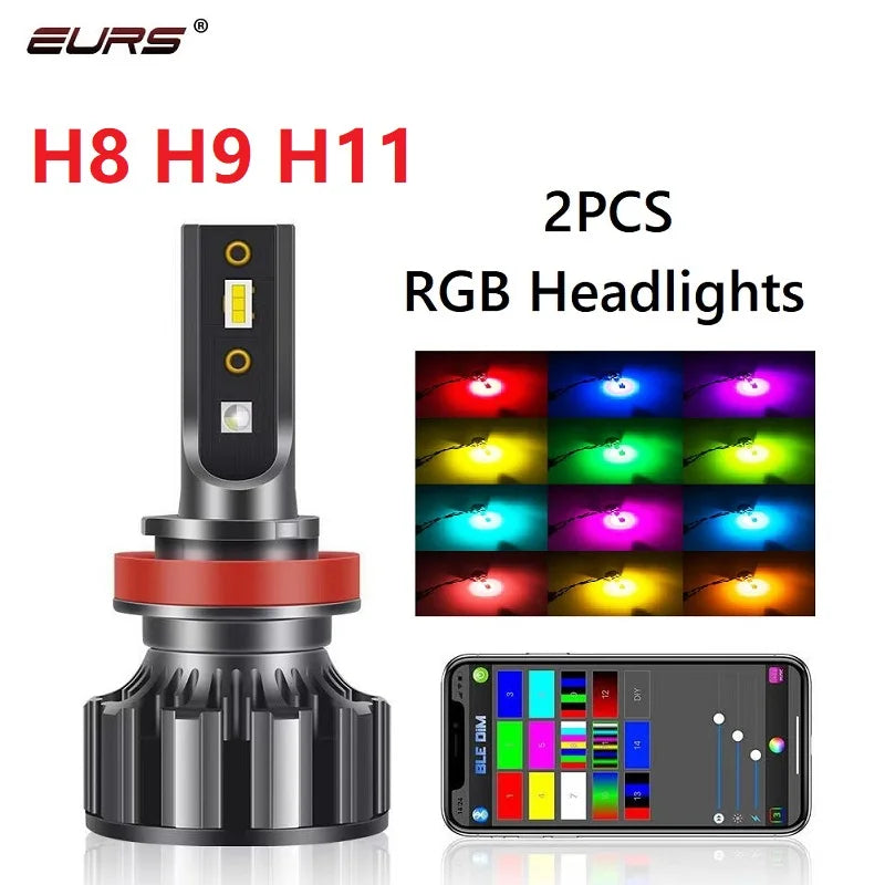 RGB LED Headlight Bulb Kit with App Control – Multi-Fit H1 H4 H7 H11 9005 9006 D2S D3S (Pair)