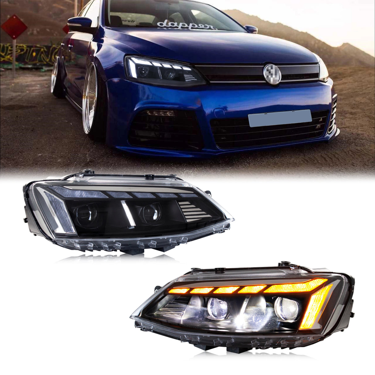 LED Projector Headlights for VW Jetta MK6 2011–2018 – Sequential Turn Signals & Start-Up Animation (Halogen Models Only)