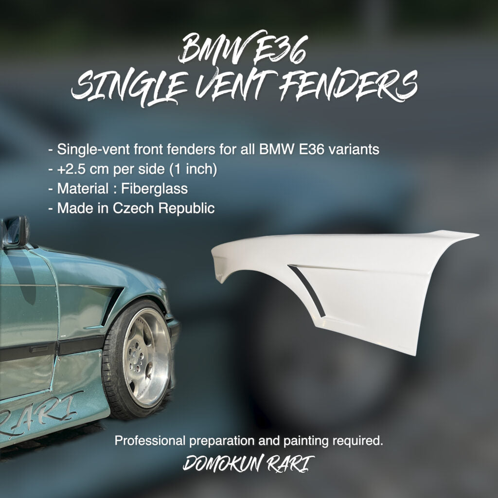 BMW E36 Single Vent Front Fenders +2.5cm Wide Body Fiberglass Drift Style Coupe Sedan Touring Compact