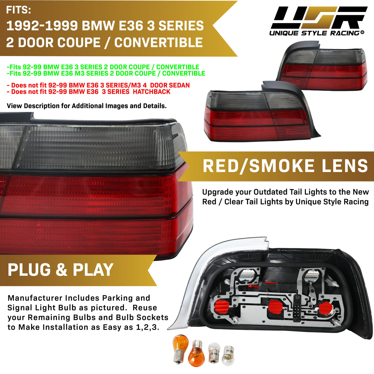 1992-1999 BMW E36 2D/Cabrio Red/Smoke Tail Lights