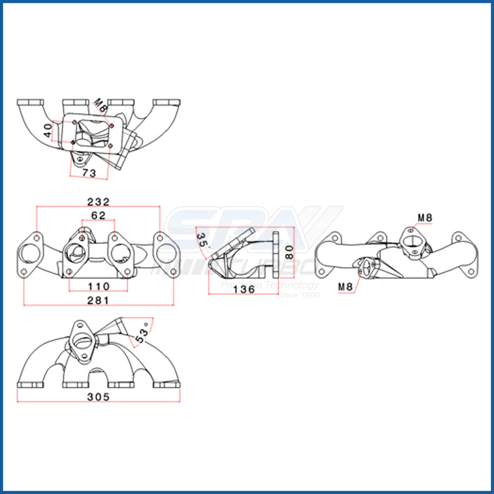 Chevy Euro Family I 8v C10NZ / C14NZ / C16NZ T25 turbo manifold with external WG