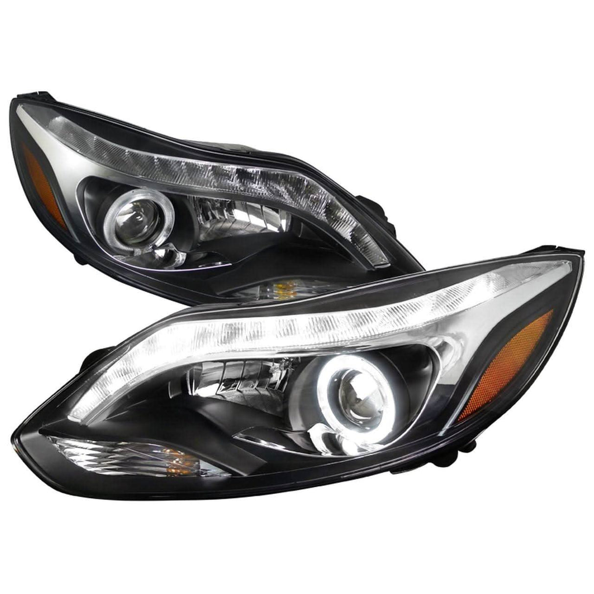 Spec-D Projector Headlights Ford Focus (12-14) w/ LED Light Strip - Matte Black/Clear Lens