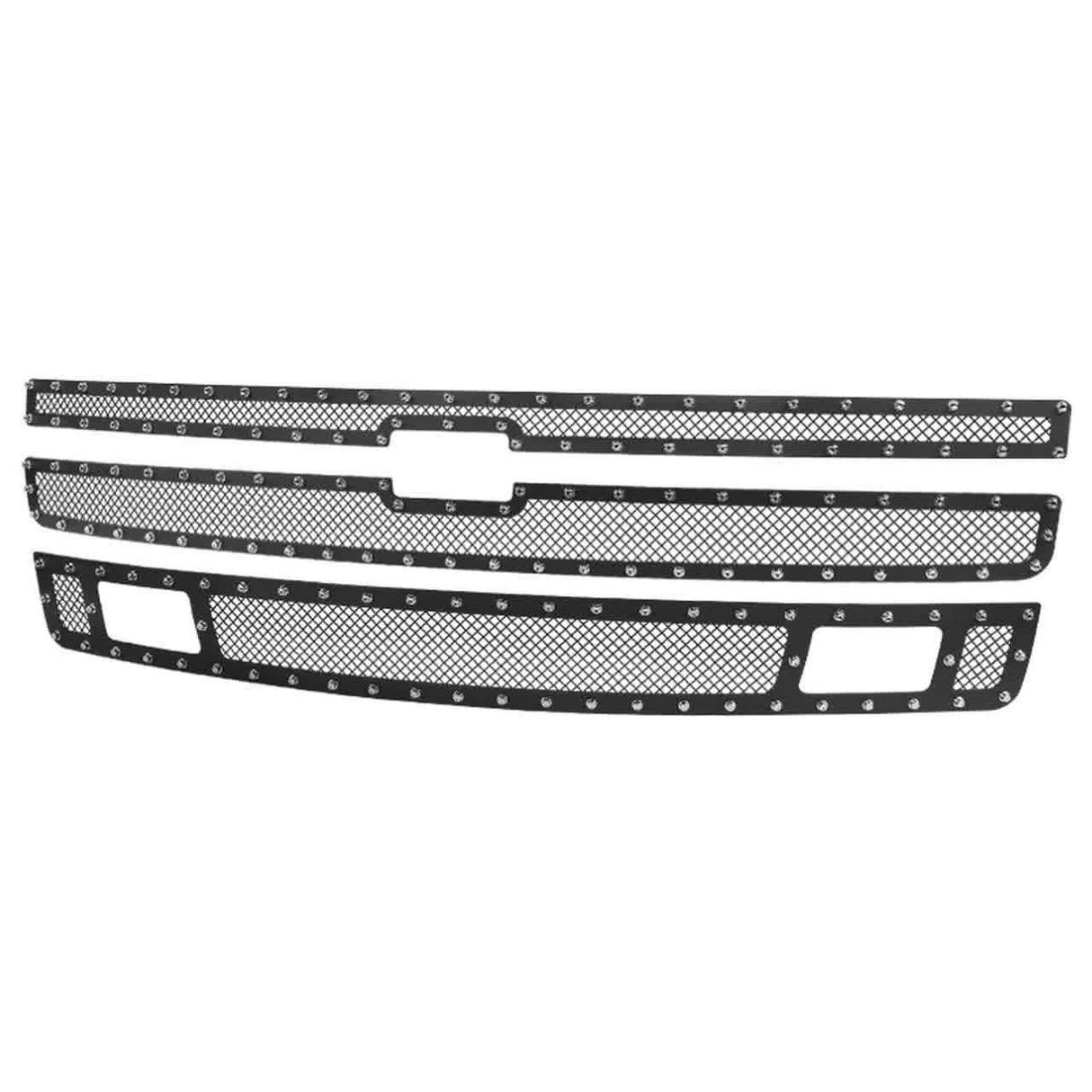 Spec-D Grill Insert Chevy Silverado 1500/1500HD (2007-2013) 3PC Mesh Black Rivet Style
