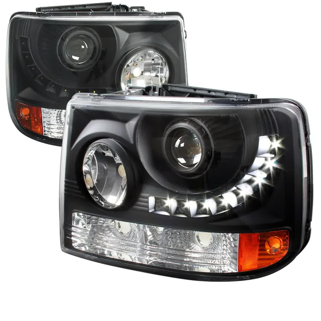 Spec-D Projector Headlights Silverado (99-02) Tahoe/Suburban (00-06) w/ LED Light Strip & Bumper Lights - Black Clear / Smoke