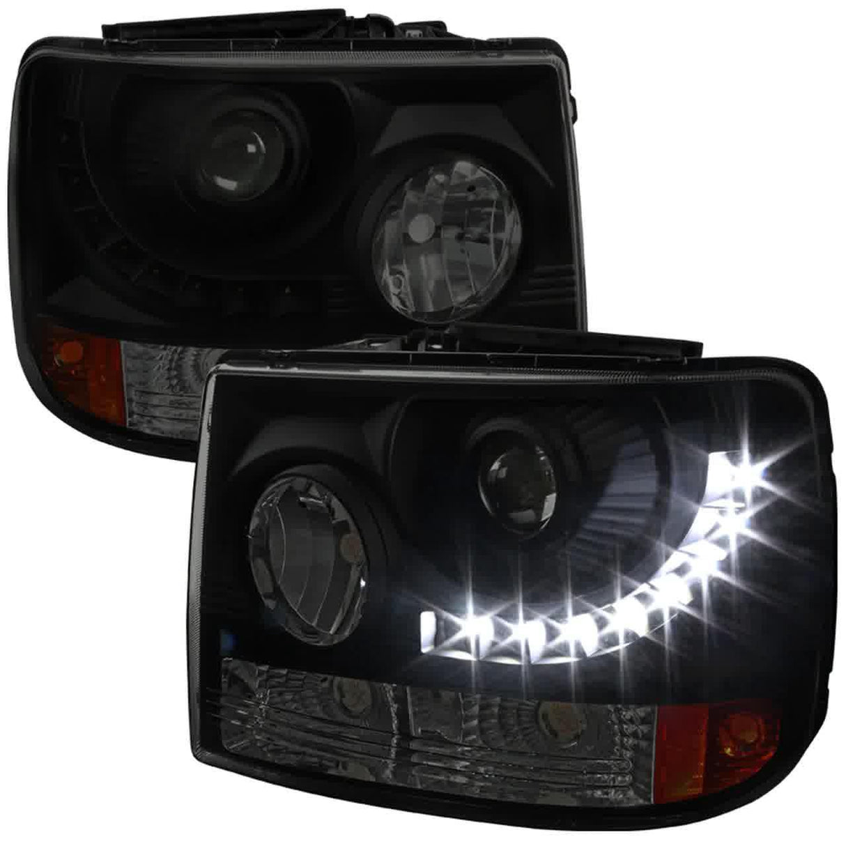Spec-D Projector Headlights Silverado (99-02) Tahoe/Suburban (00-06) w/ LED Light Strip & Bumper Lights - Black Clear / Smoke