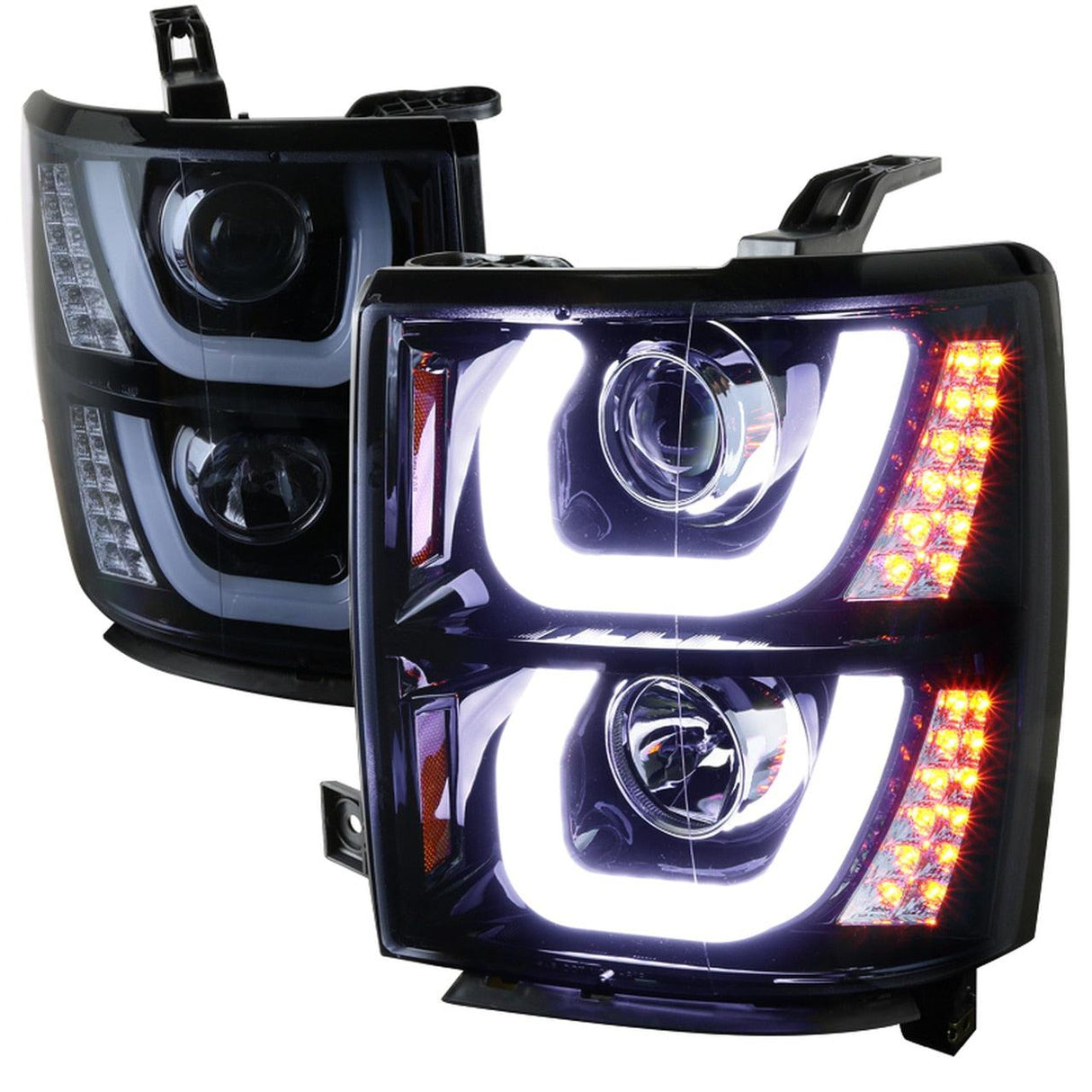 Spec-D Projector Headlights Chevy Silverado (2014-2015) U Bar w/ LED - Black / Tinted / Chrome