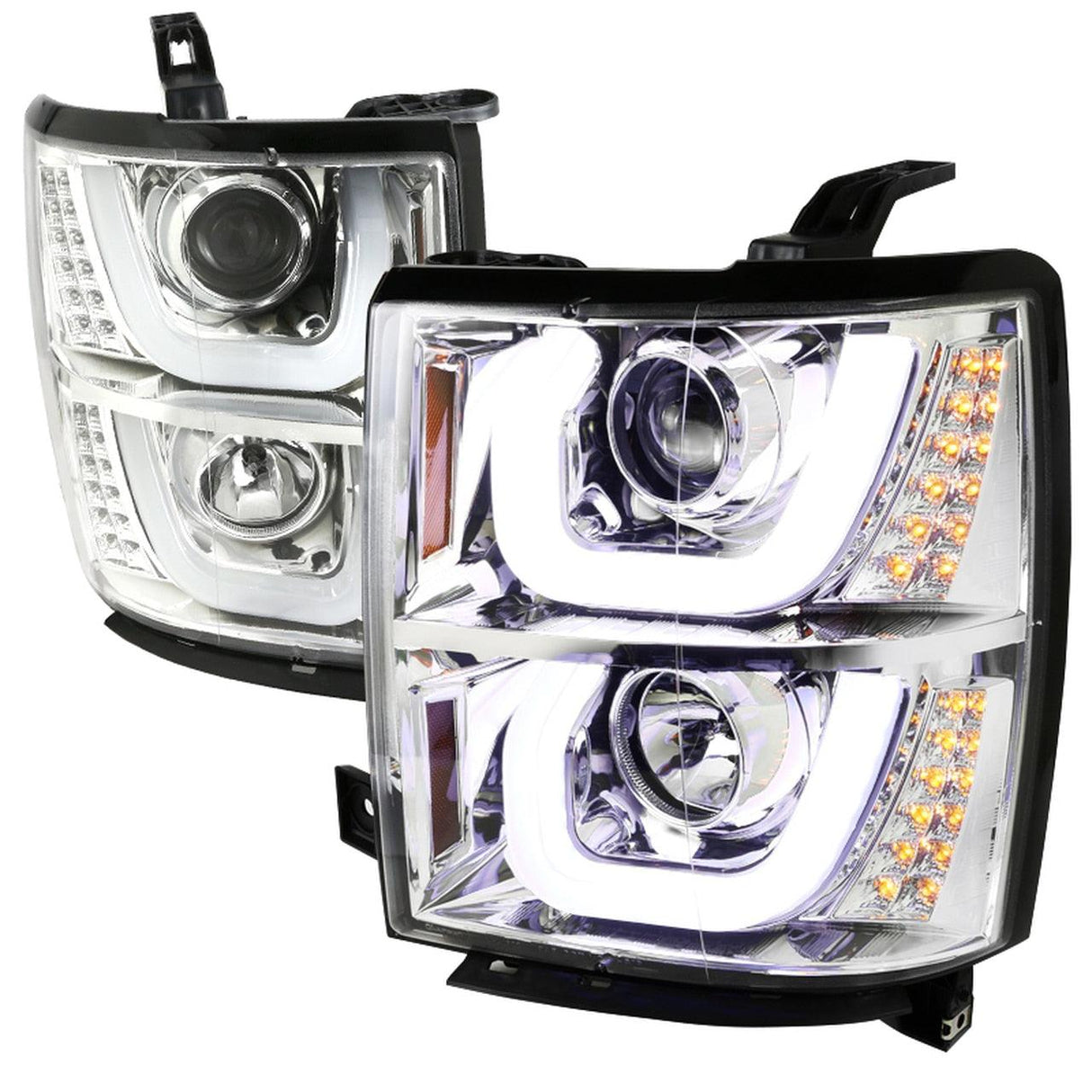 Spec-D Projector Headlights Chevy Silverado (2014-2015) U Bar w/ LED - Black / Tinted / Chrome