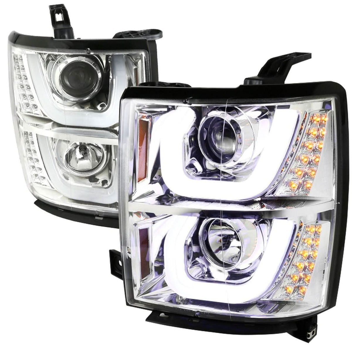 Spec-D Projector Headlights Chevy Silverado (2014-2015) U Bar w/ LED - Black / Tinted / Chrome