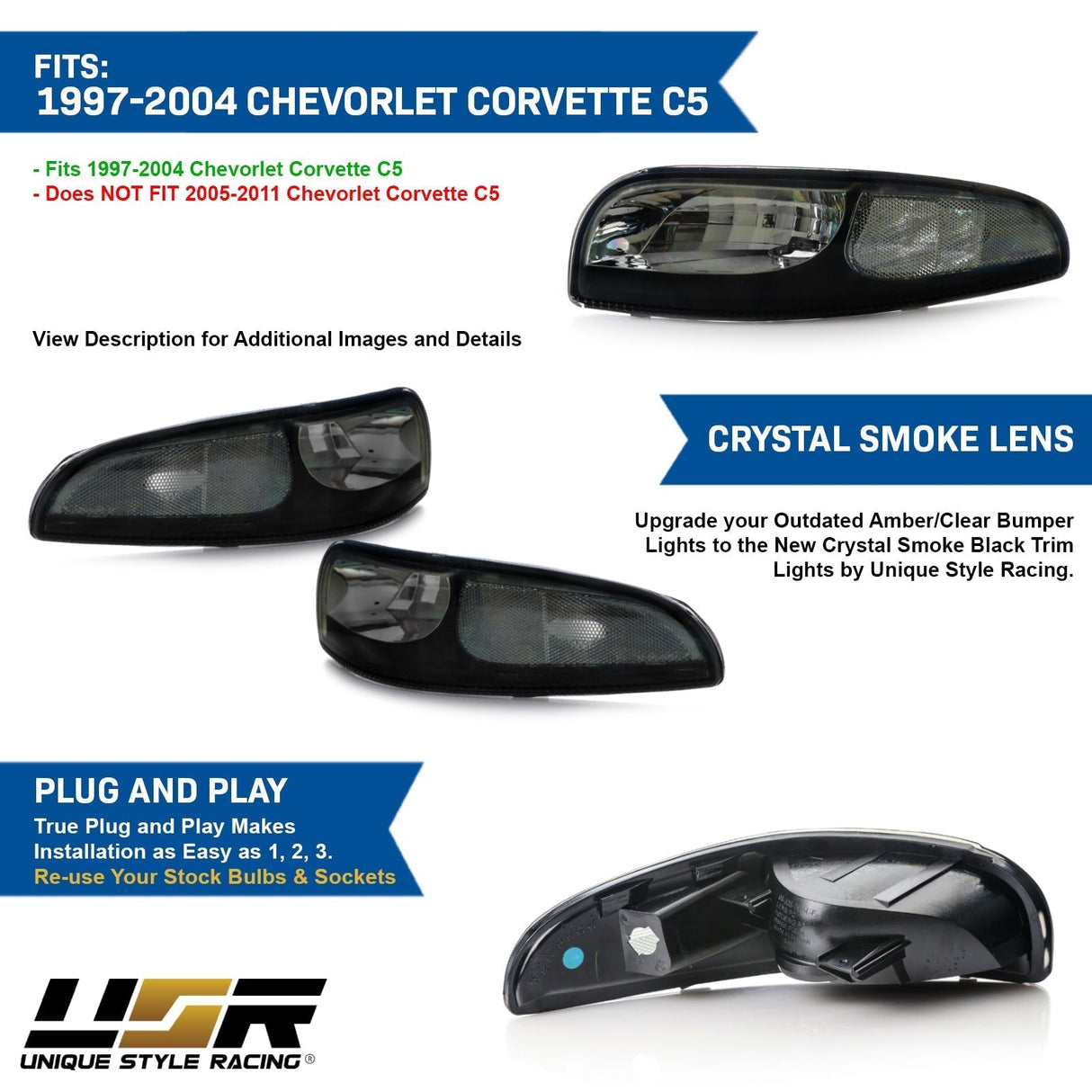 1997-2004 Chevrolet Corvette C5 Black Smoke Front Signal Bumper Light