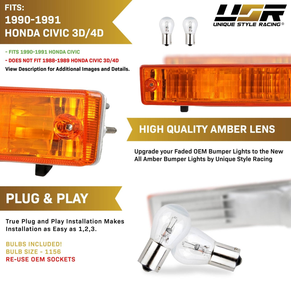 1990-1991 Honda Civic 3d/4d Amber Bumper Lights