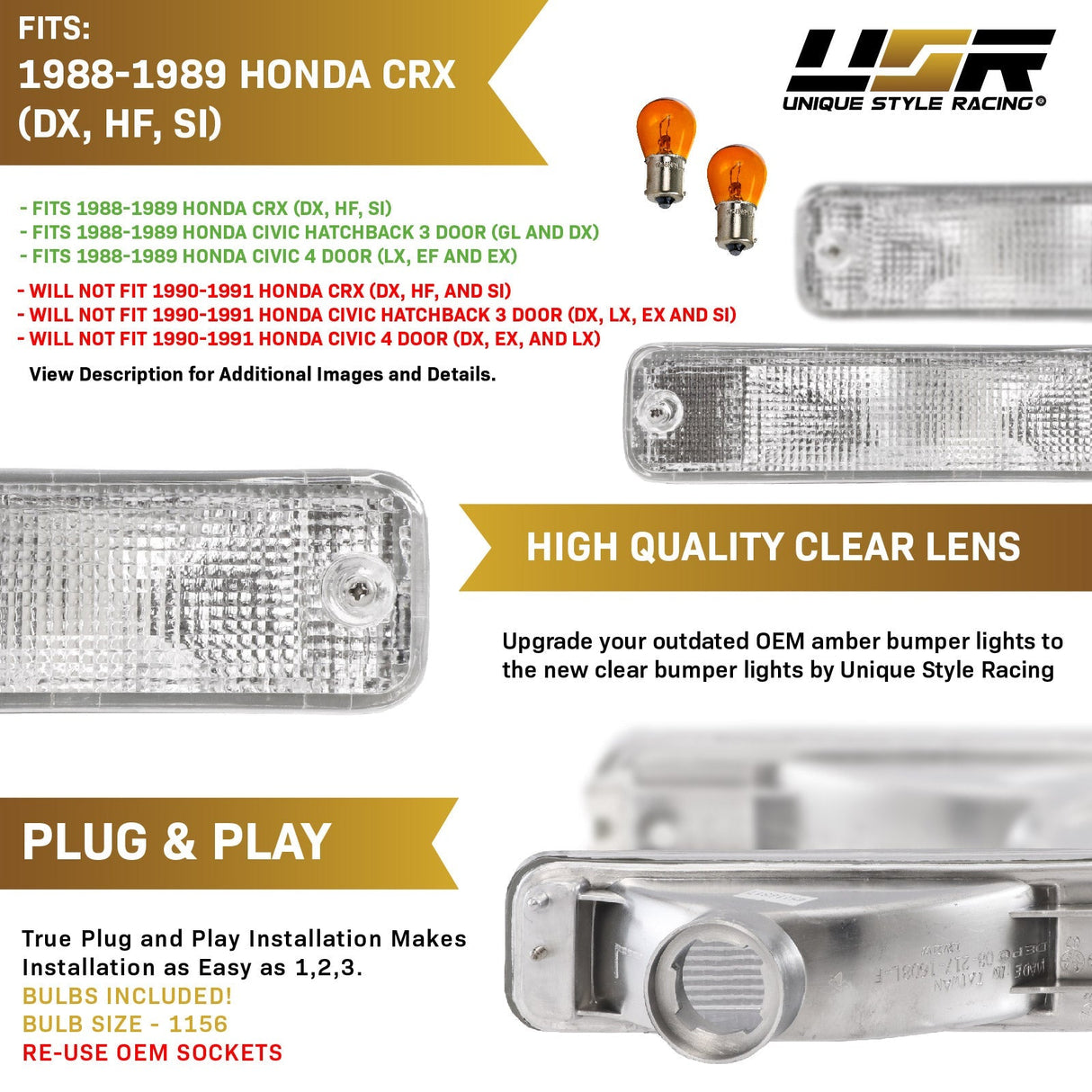 1988-1989 Honda CRX / Civic Amber Bumper Lights