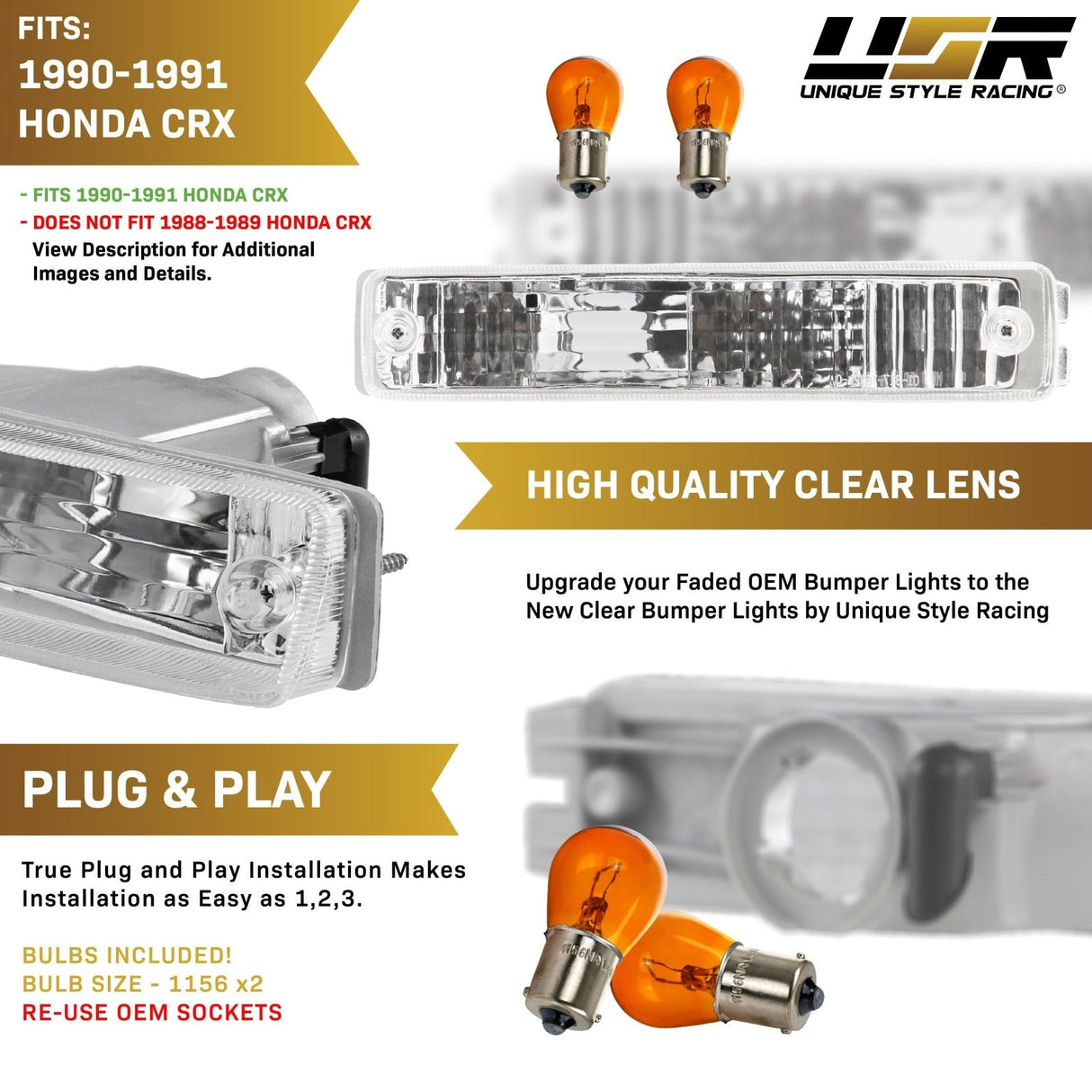 1990-1991 Honda Crx Depo Crystal 脢Amber Bumper Lights
