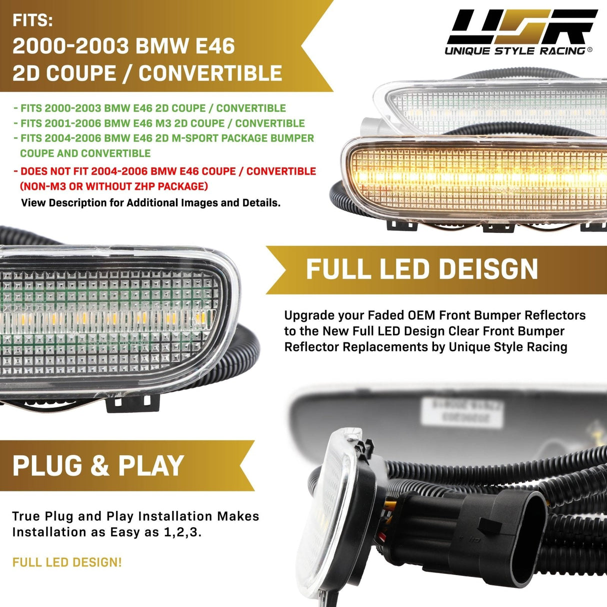 2000-2003 BMW E46 2D/Cabrio Smoke Front White LED Bumper Reflector