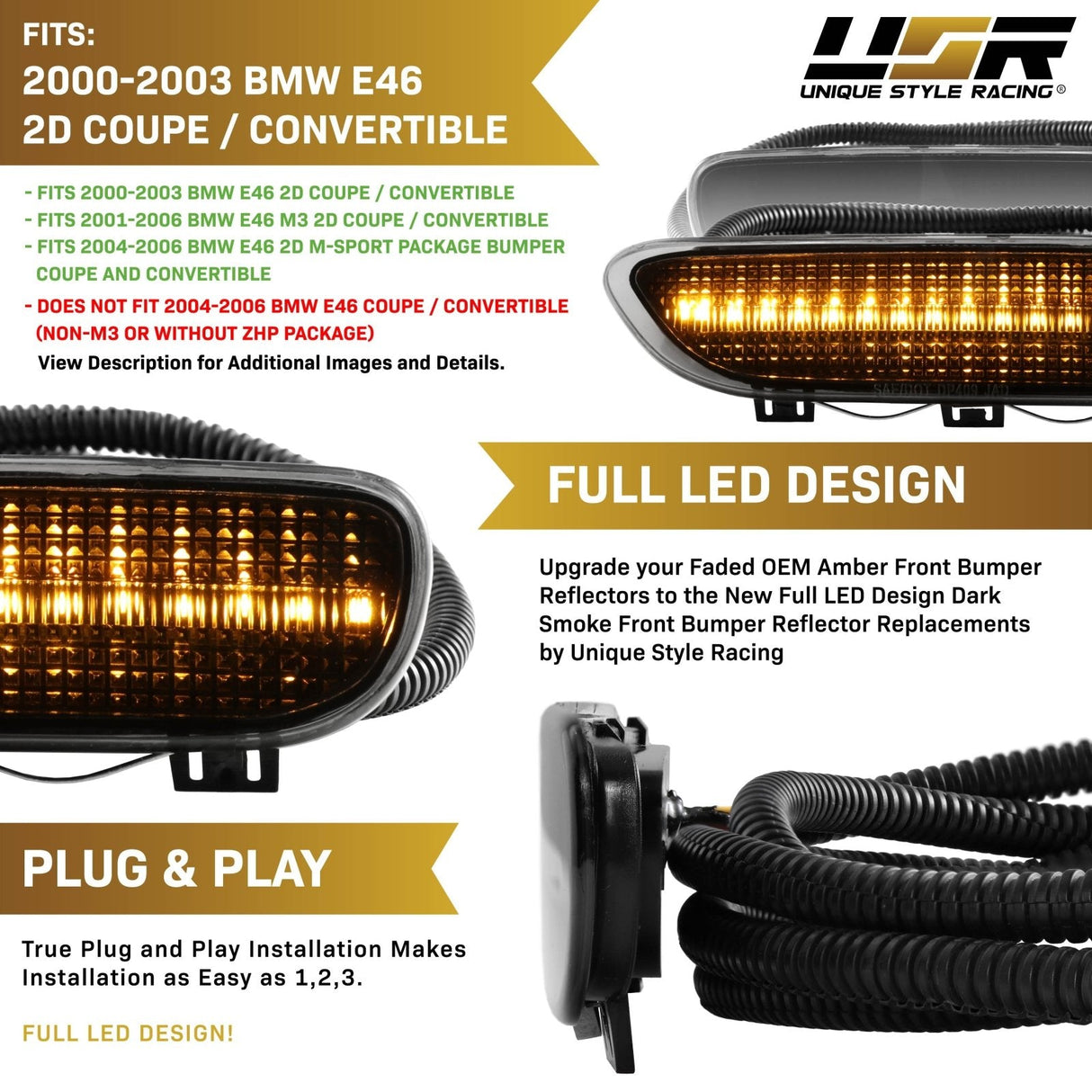 2000-2003 BMW E46 2D/Cabrio Smoke Front White LED Bumper Reflector