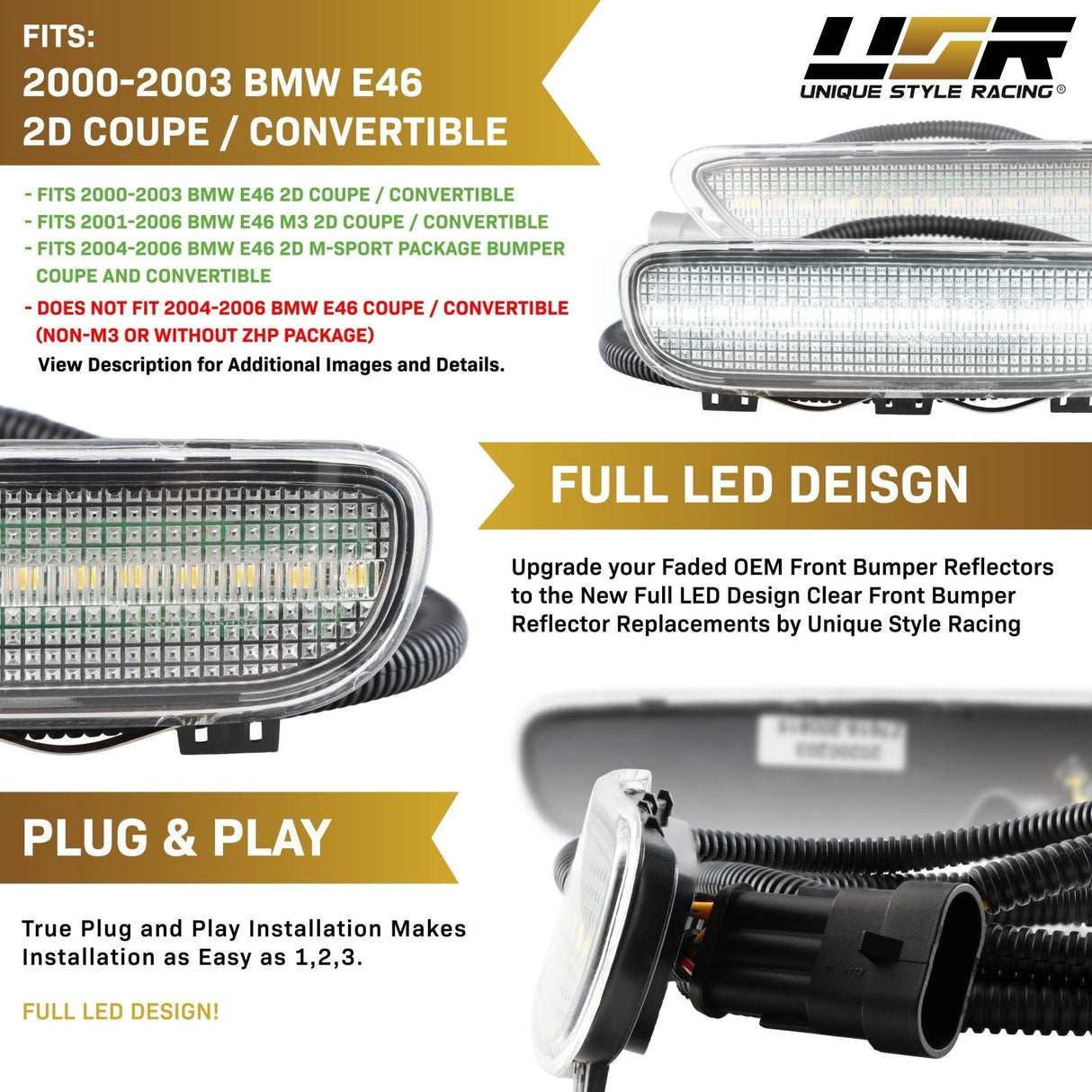 2000-2003 BMW E46 2D/Cabrio Smoke Front White LED Bumper Reflector