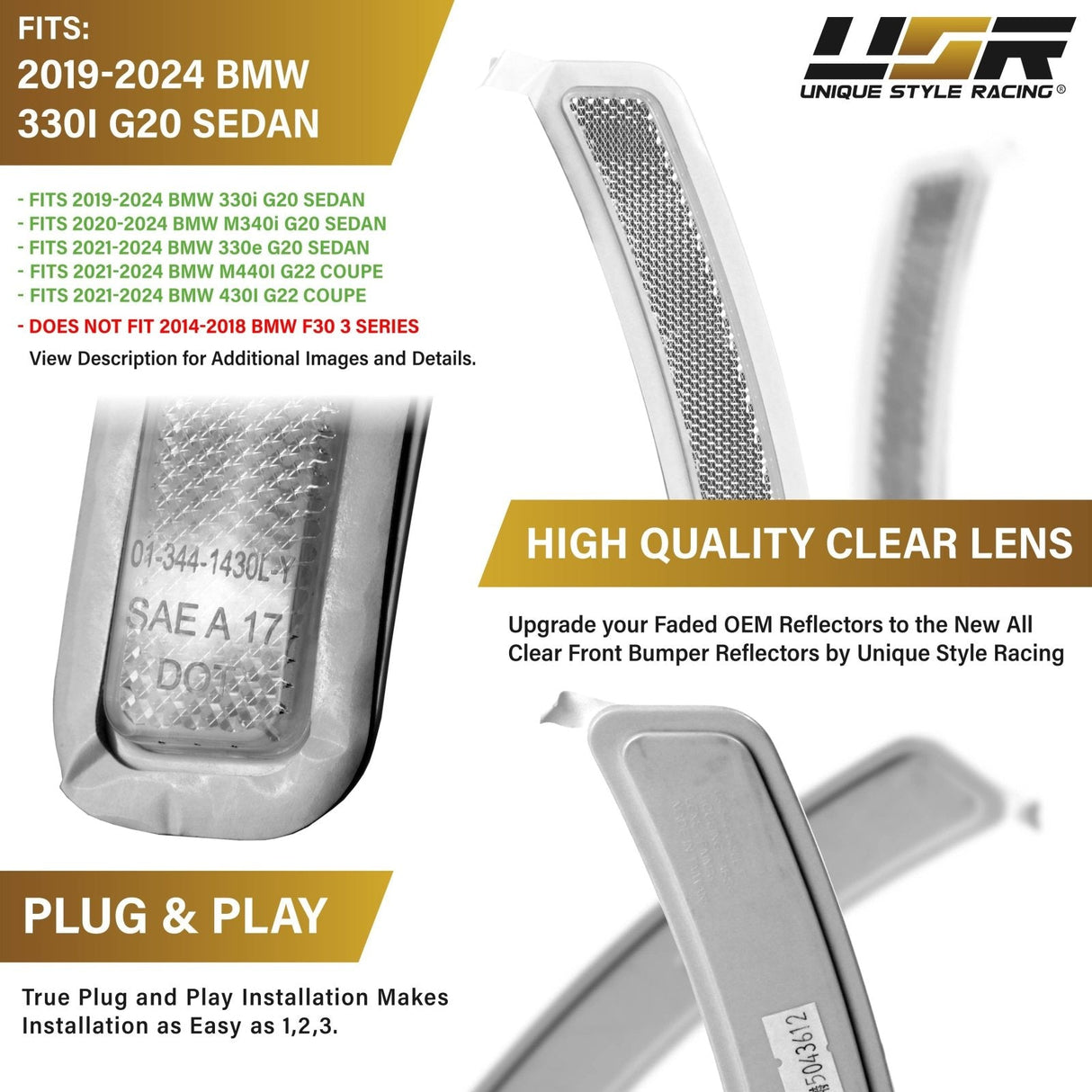 2019-2021 BMW G20 3 Series Smoke Front Bumper Reflector Set
