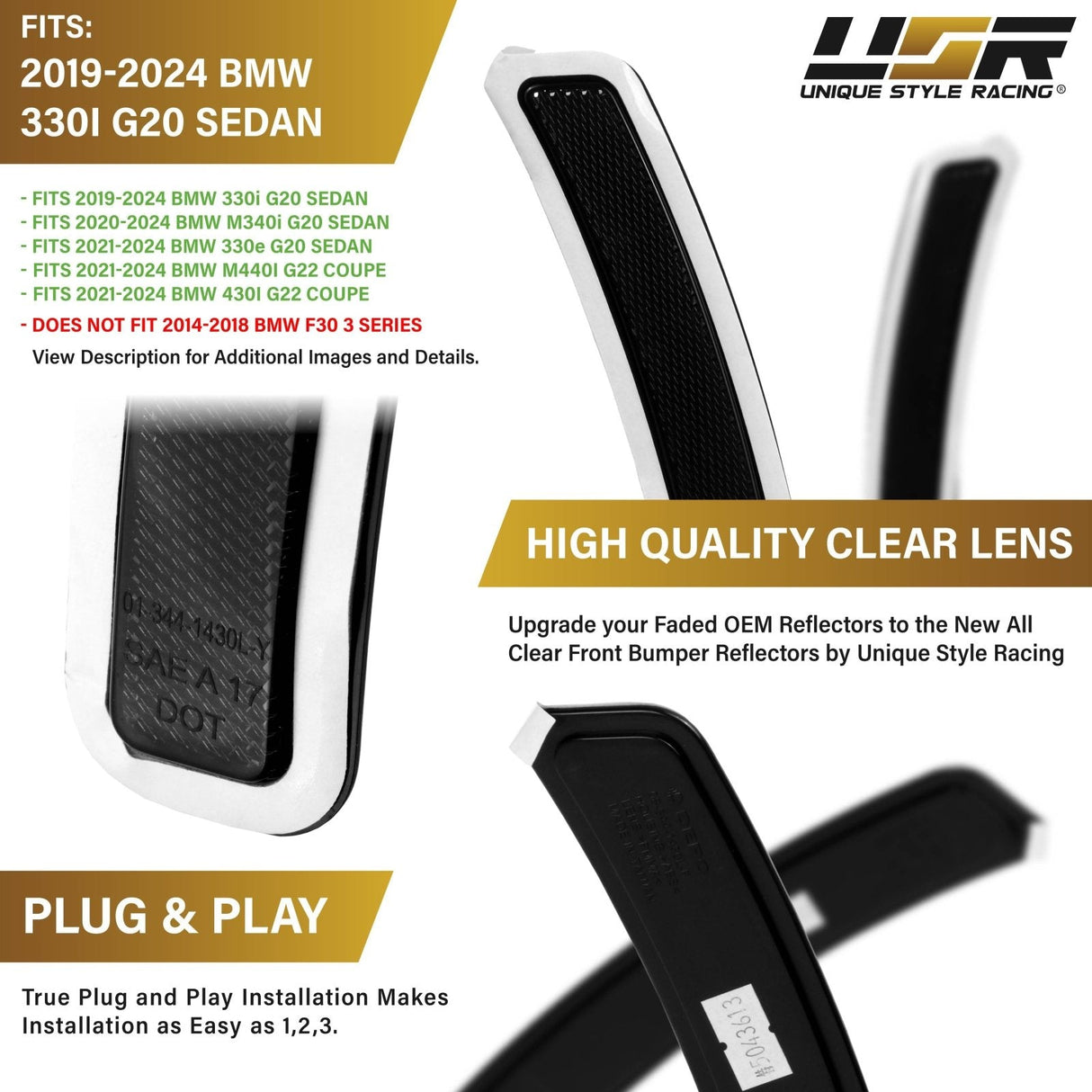 2019-2021 BMW G20 3 Series Smoke Front Bumper Reflector Set