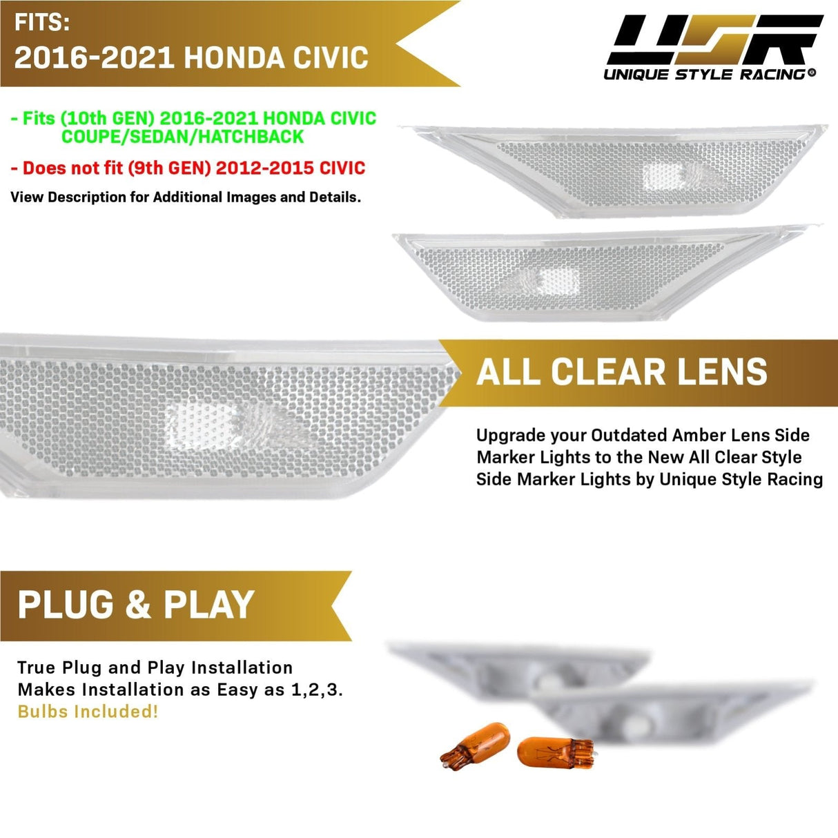 2016-2021 Honda Civic Smoke Front Bumper Side Marker Lights