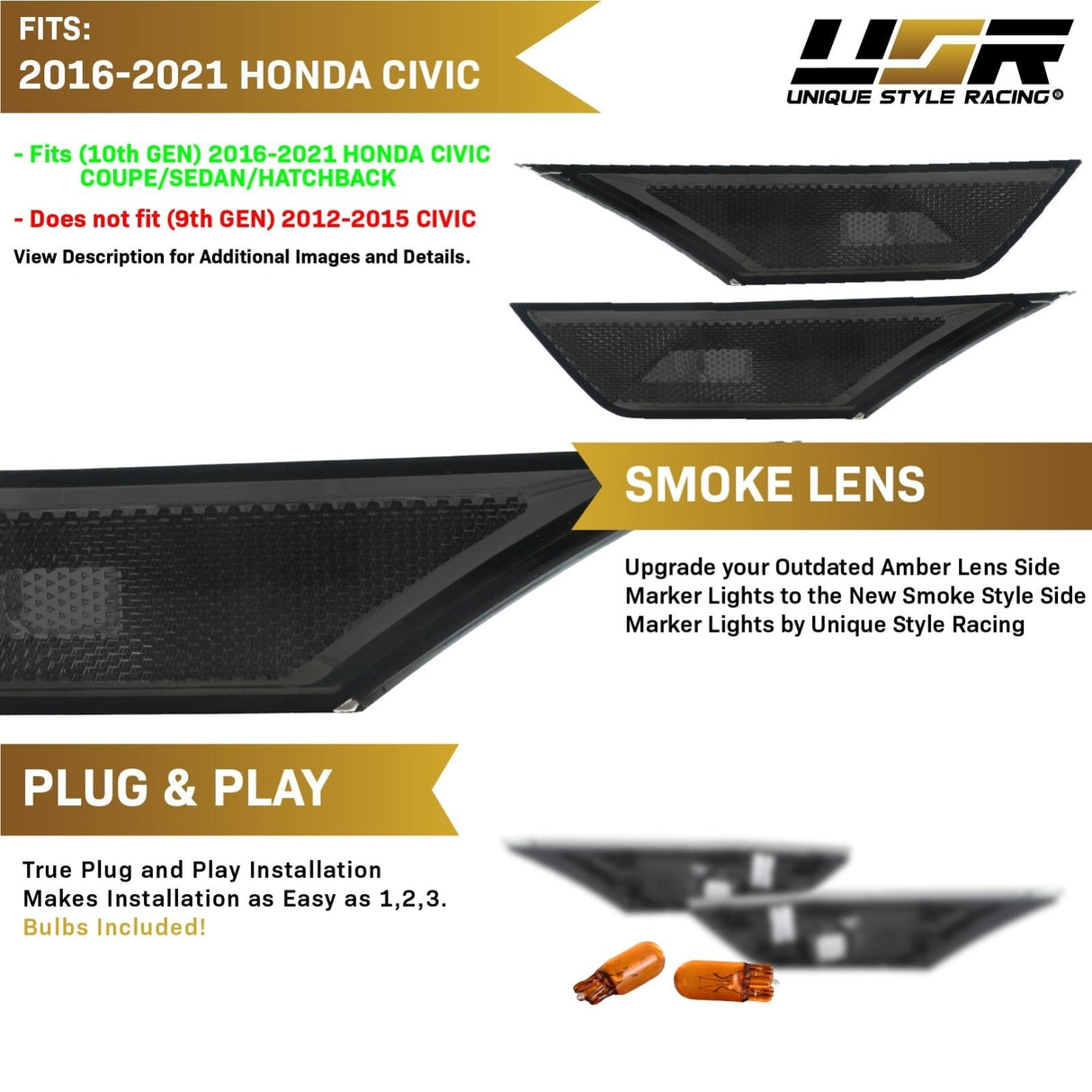 2016-2021 Honda Civic Smoke Front Bumper Side Marker Lights
